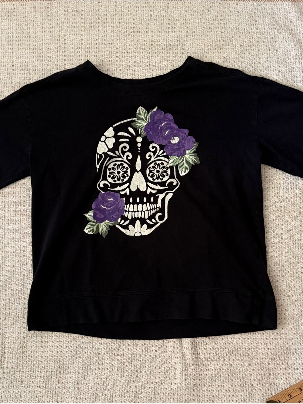 VM Black Sweatshirt with White Sugar Skull and Purple Flower Accents